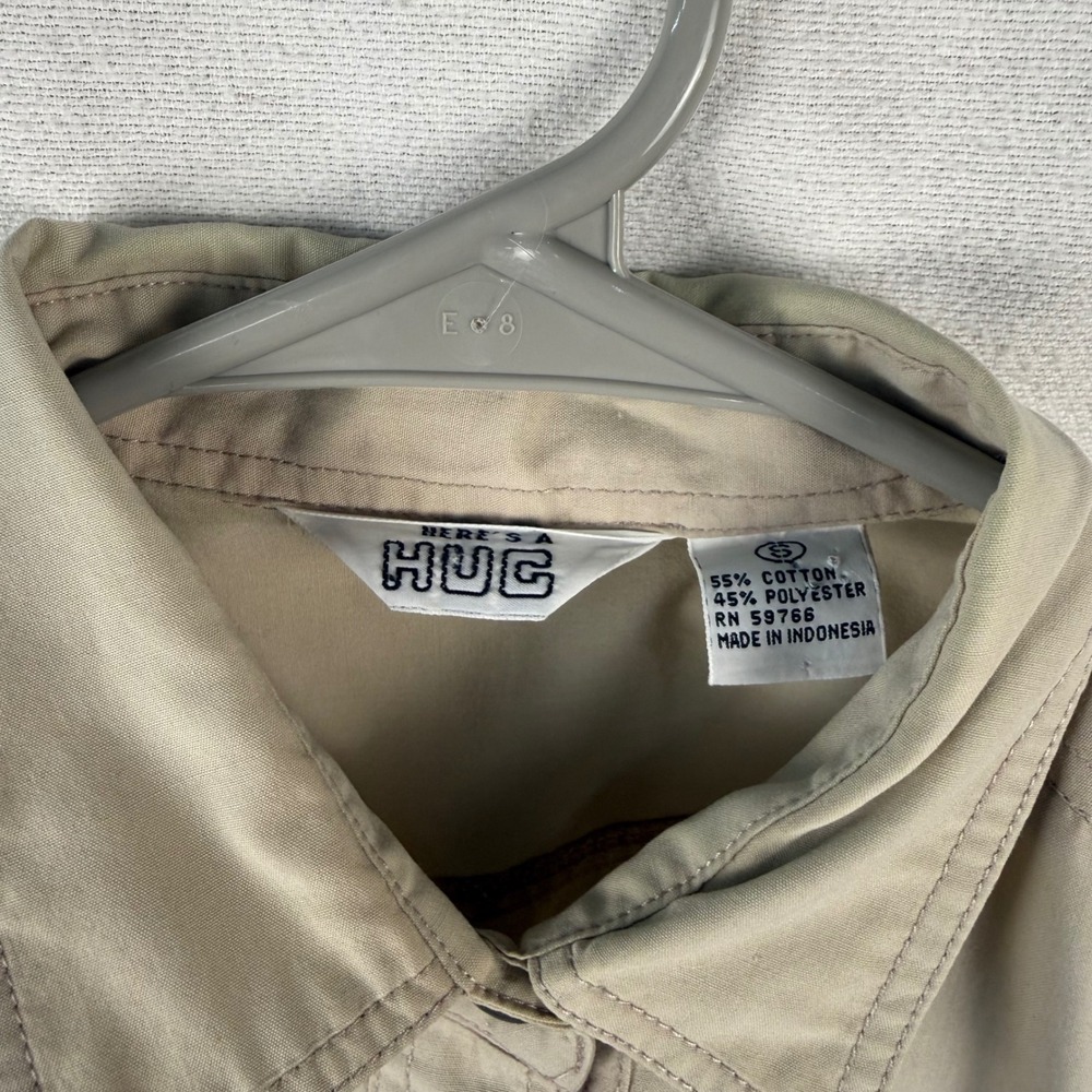 VTG Here's a Hug Button Up Women S Tan Khaki‎ Utility Shirt Short Sleeve Pockets